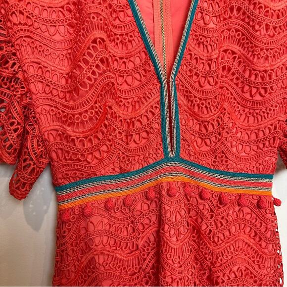 SAYLOR Coral Merrill Romper Scallop Embroidery Pink Orange Crochet Pom Pom Small - Picture 6 of 9